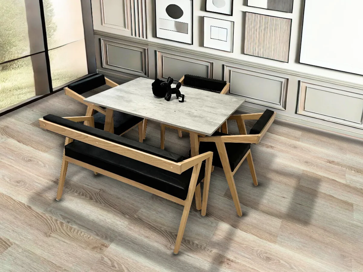 Comedor rectamgular 3 sillas 1 banca con respaldo, mesa con cubierta de melamina color concreto, sillas de madera color fresno, tapizadas en tela de terciopelo color negro.
