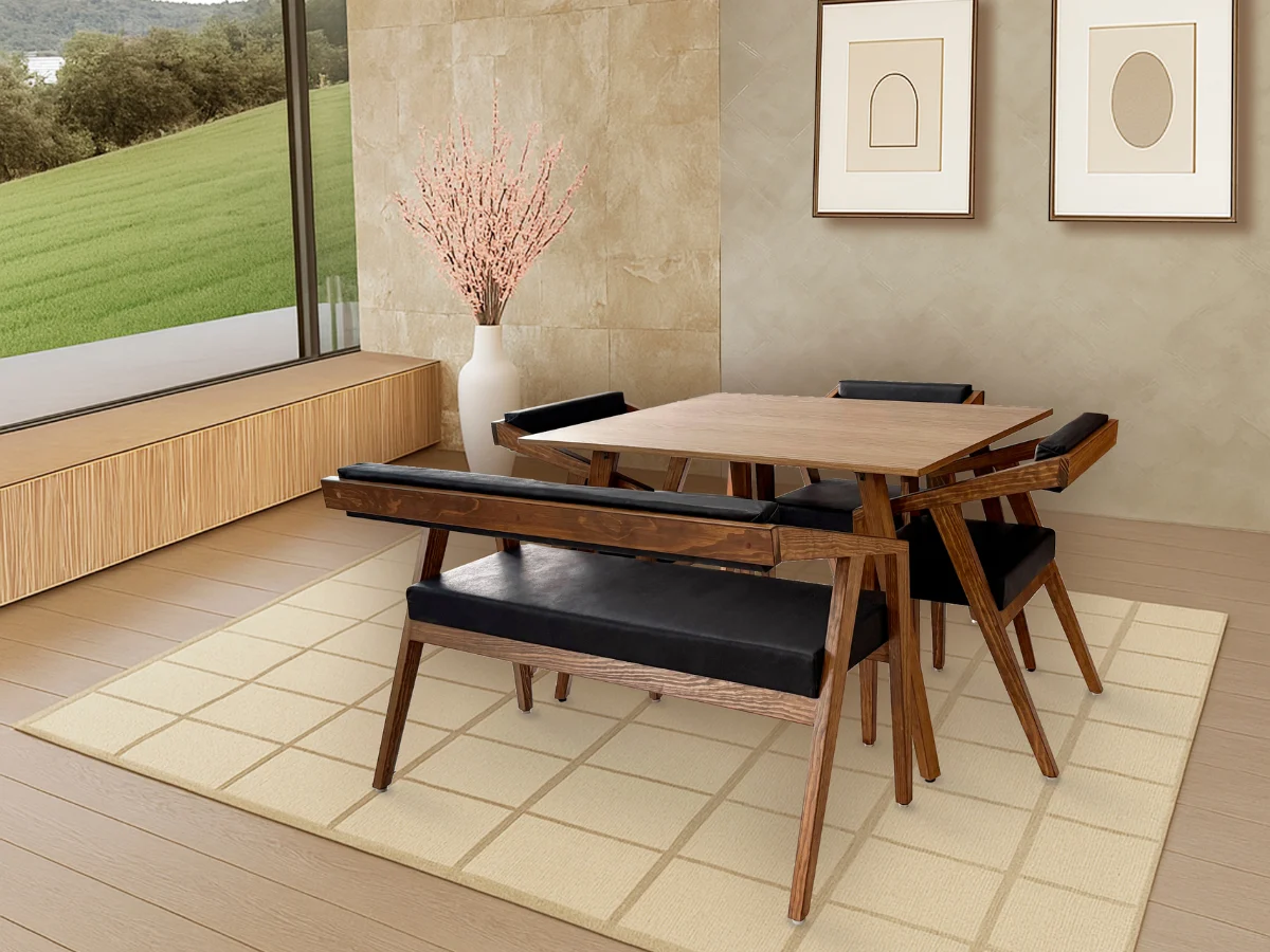 Comedor Liberty 3 sillas 1 banca con resplado color Nogal tapizado en terciopleo negro.